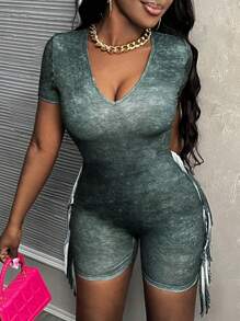 Slaydiva Casual Washed Print V-Neck Short Sleeve Fringe Tight Jumpsuit Unitard - Black - View 4