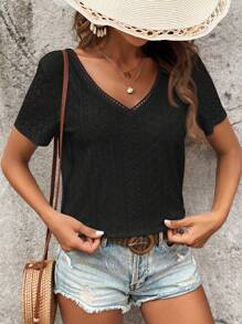SHEIN Frenchy Women's Summer Solid Color V-Neck Contrast Lace Short Sleeve Casual T-Shirt Black - Black - View 3