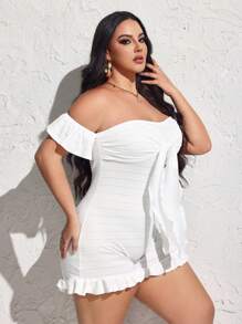 SHEIN SXY Off-Shoulder Ruffle Sleeve Texture Fabric Romper With Front Tie Bow Detail, Bodycon Fit