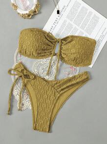 女士夏季海灘無肩帶中空前扣帶性感比基尼套裝 - 綠色 - 查看 1