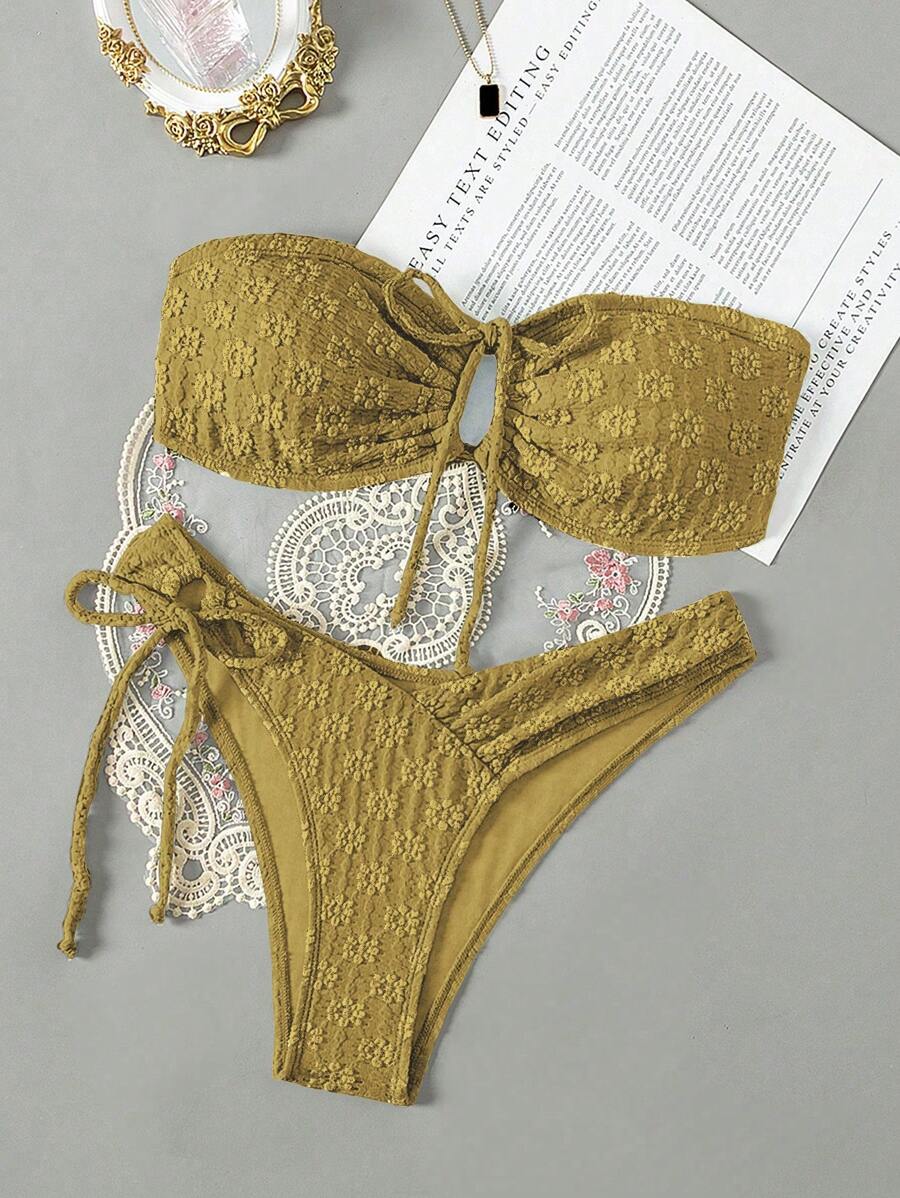 女士夏季海灘無肩帶中空前扣帶性感比基尼套裝 - 綠色 - 查看 1
