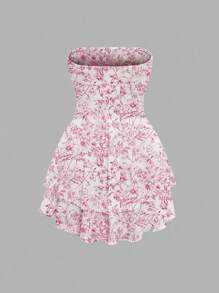 SHEIN Unity 假日無肩帶無背心植物印花雙層褶邊連衣裙 - 粉色 - 查看 2