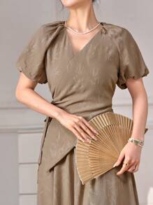 Seusyu Conjunto de 2 piezas de verano elegante y con estilo chino para mujer - Caqui - Ver 5