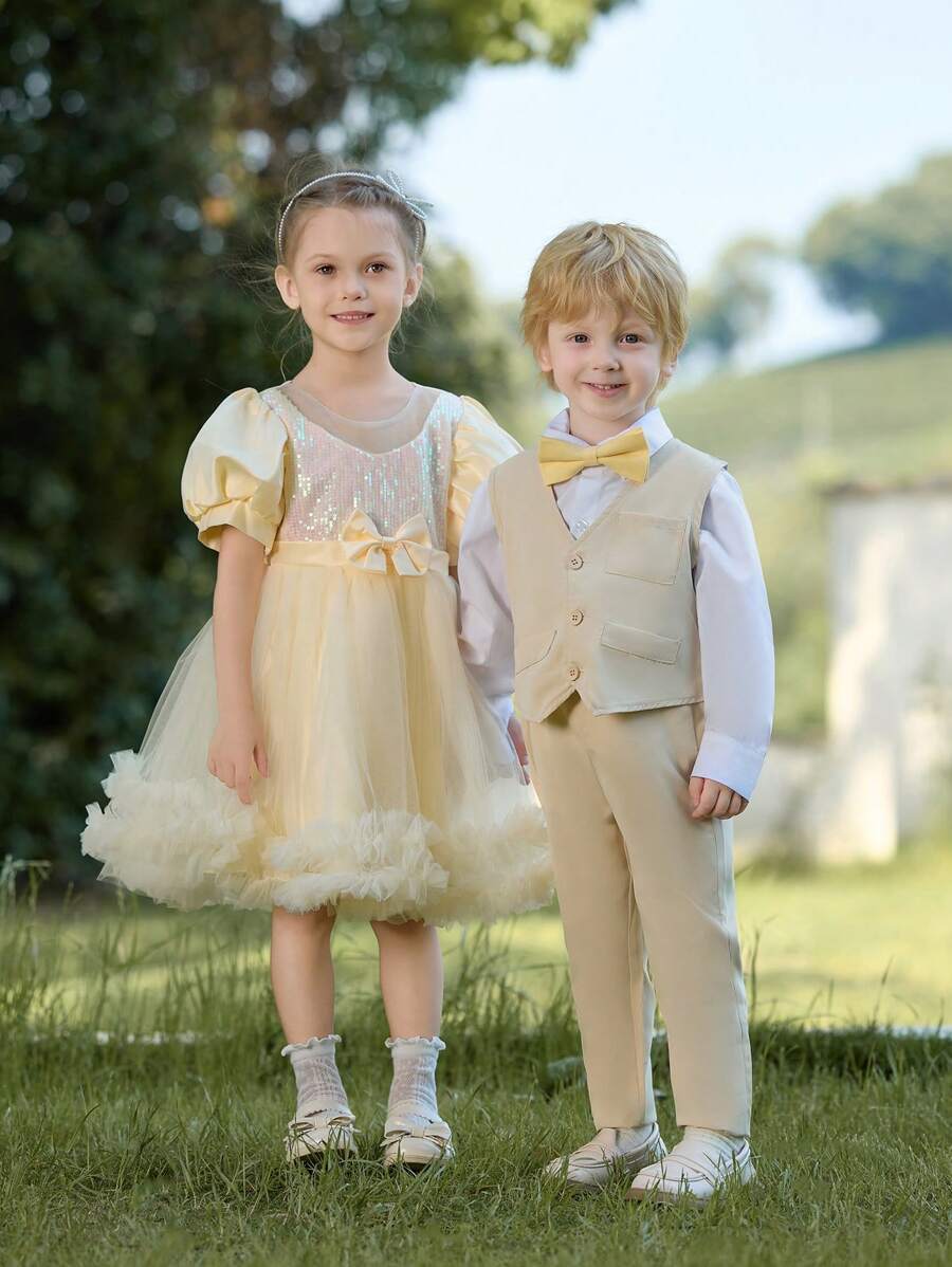 SHEIN Glamorique Kids Fusta de petrecere pentru fetiță drăguță prințesă umflată, material plasă - Bej - Vizualizare 1