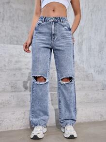 SHEIN PETITE Jeans rasgados de unicolor y sencillos para mujer para uso diario