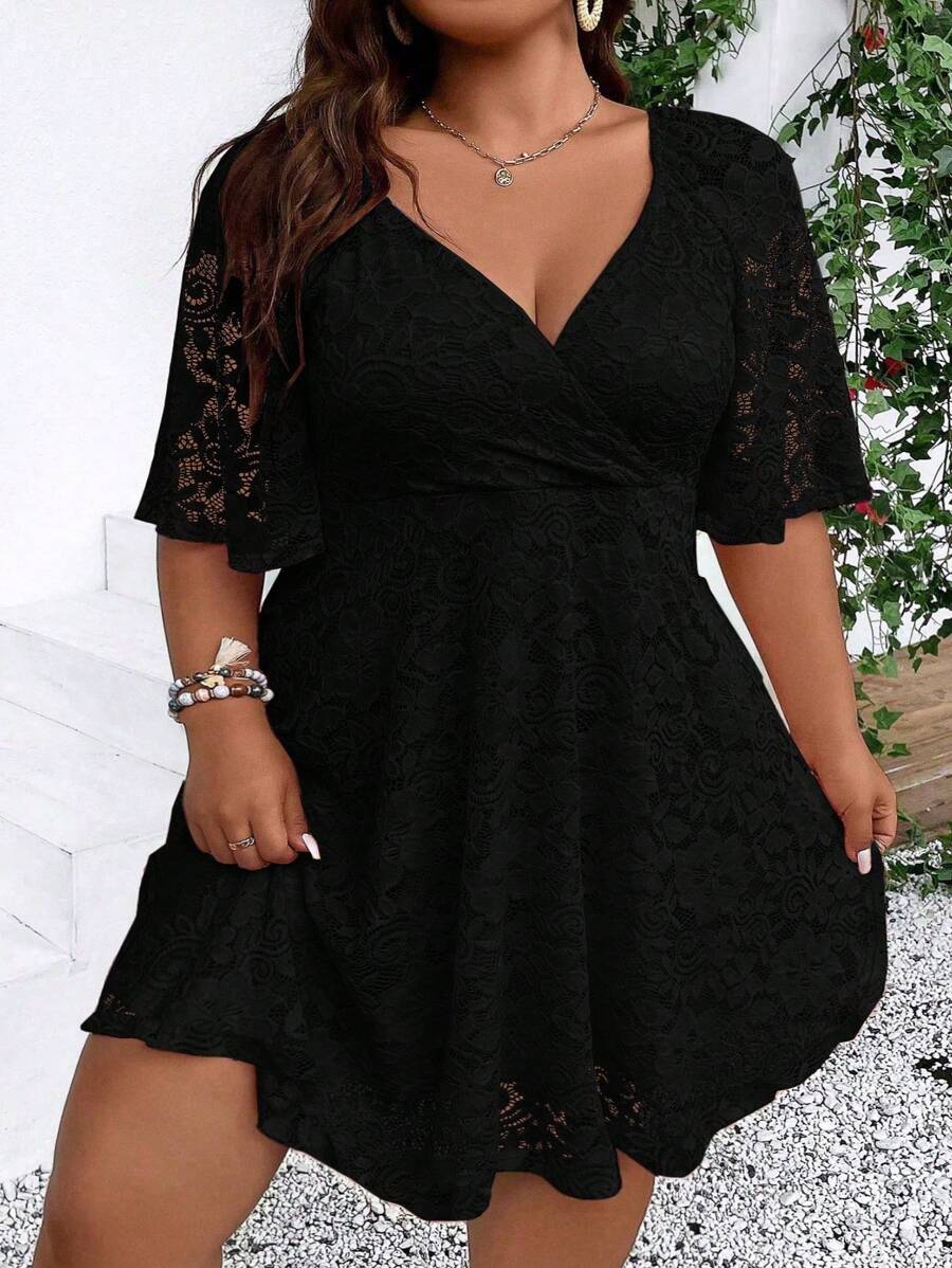 SHEIN CURVE+ Plus Size Mùa hè Đầm ren quấn màu trơn thanh lịch mùa hè - màu đen - Xem 1