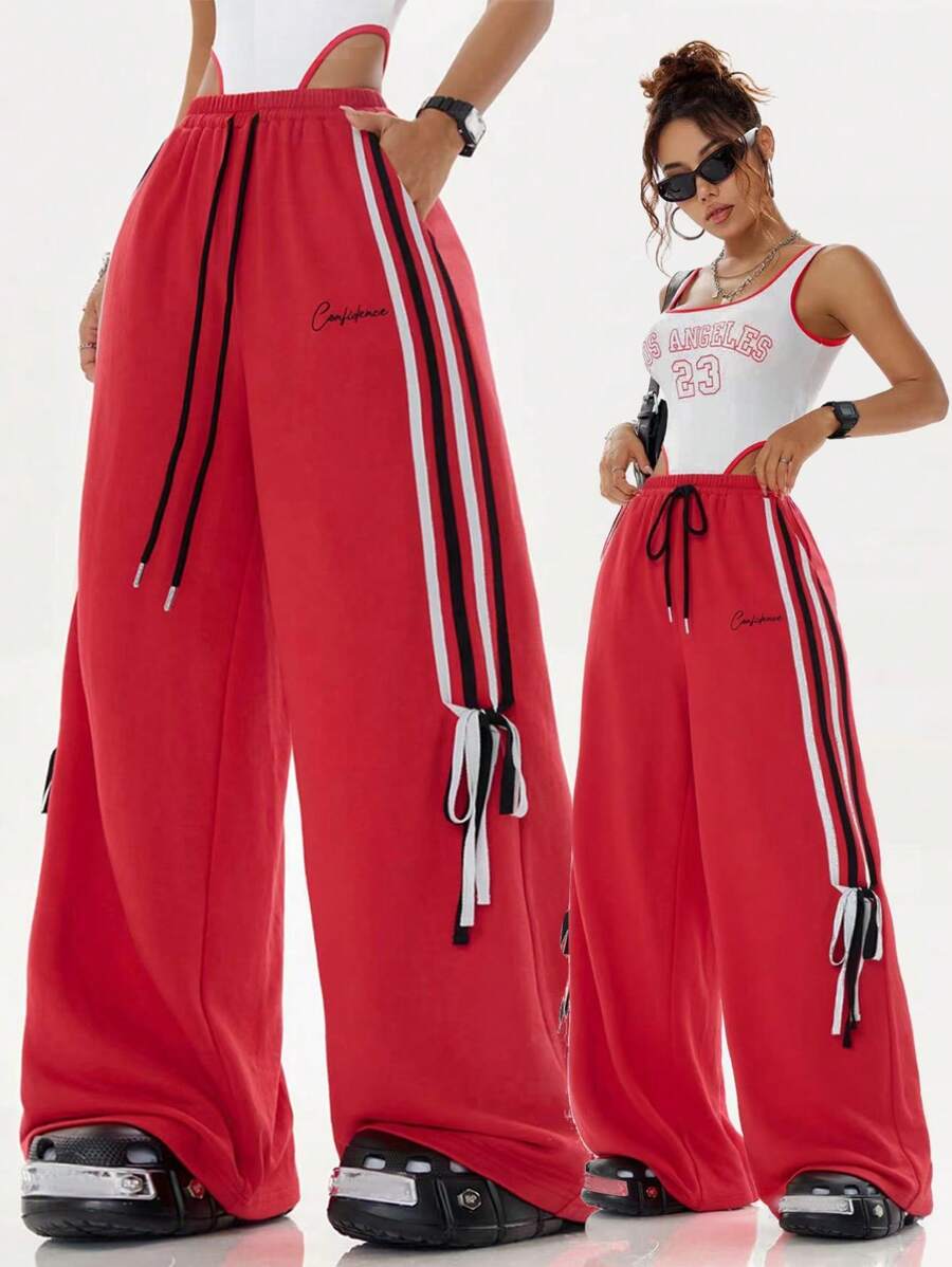 SHEIN Coolane 女性時尚街頭風格側踏彩色編織帶蝴蝶結細節-結繡標誌長褲，完美適用於春夏搭配 - 紅色 - 查看 1