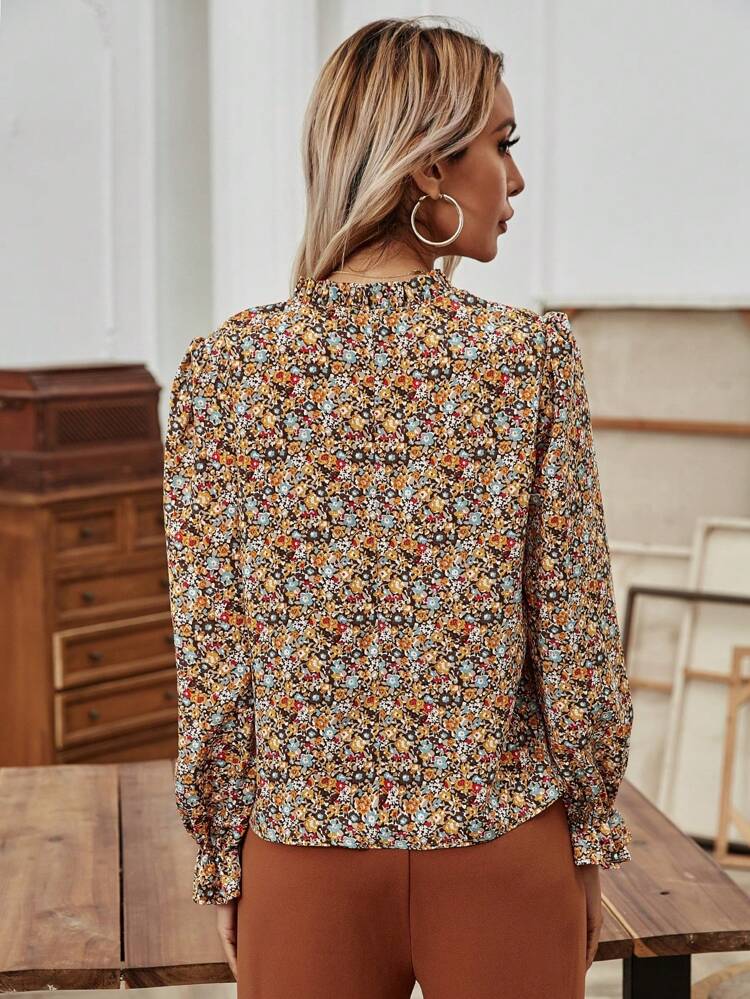 Ditsy Floral Notched Neck Flounce Sleeve Blouse,Long Sleeve Tops Winter Vacation Flower
