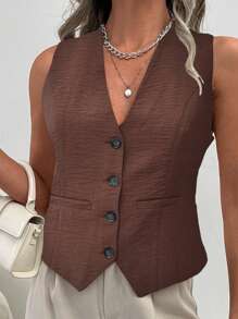 EURMUSE 女士單排扣西裝背心 - 棕色 - 查看 5