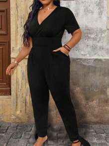 SHEIN Clasi 夏季加大尺碼女士V領純色短袖連身褲，設有口袋 - 黑色 - 查看 4