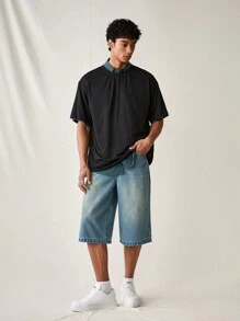 Manfinity Hypemode 男士寬鬆休閒丹寧卡其短褲，夏季牛仔短褲帶口袋