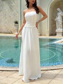 Aloruh Elegant Strapless Boned Bodice Top & Umbrella Skirt Set For Women - White - View 1