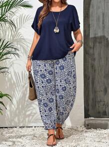 EMERY ROSE Conjunto de camisa y pantalón largo estampado para mujer de talla grande en verano - Azul - Ver 3