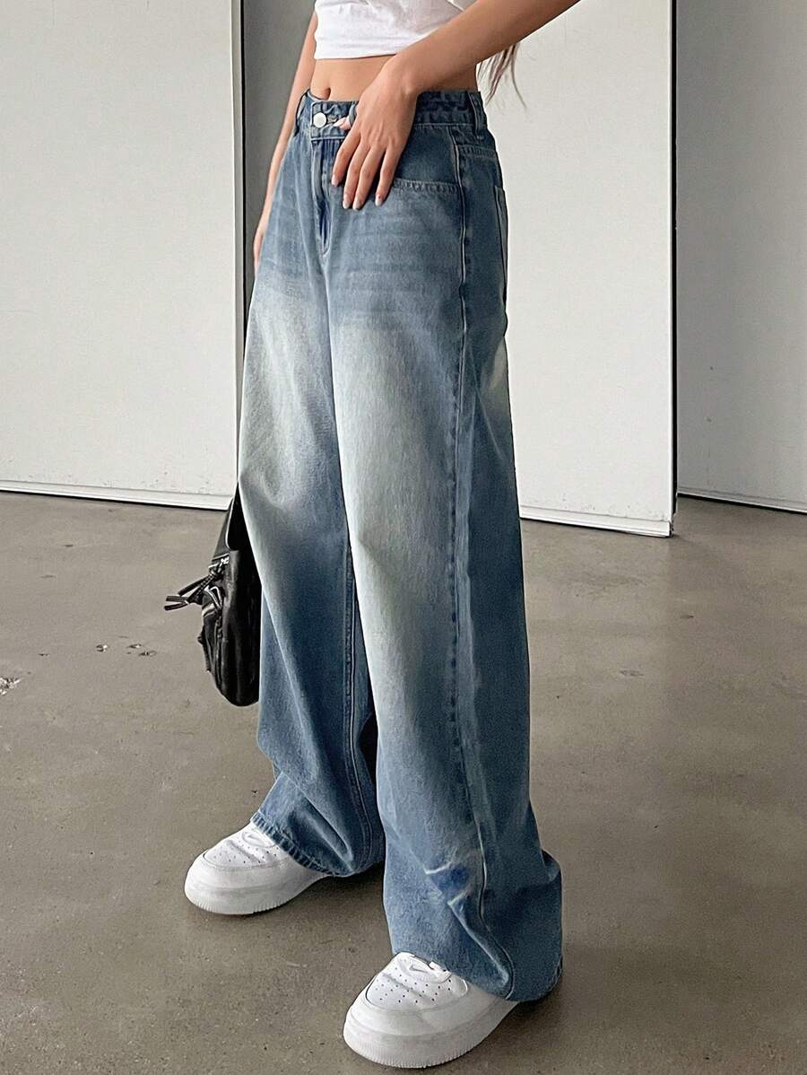 DAZY Women's Baggy Wide Leg Casual Jeans With Pockets - Medium Wash - View 1