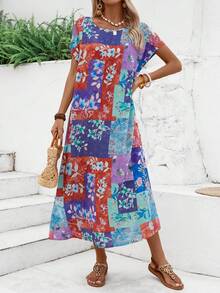 EMERY ROSE Rural Vintage Vacation Printed Short Sleeve Women's Dress - Multicolor - View 7
