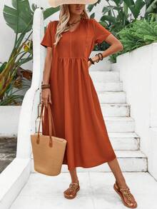 EMERY ROSE Women's Short Sleeve Plain V-Neck Summer Dress - Rust Brown - View 2