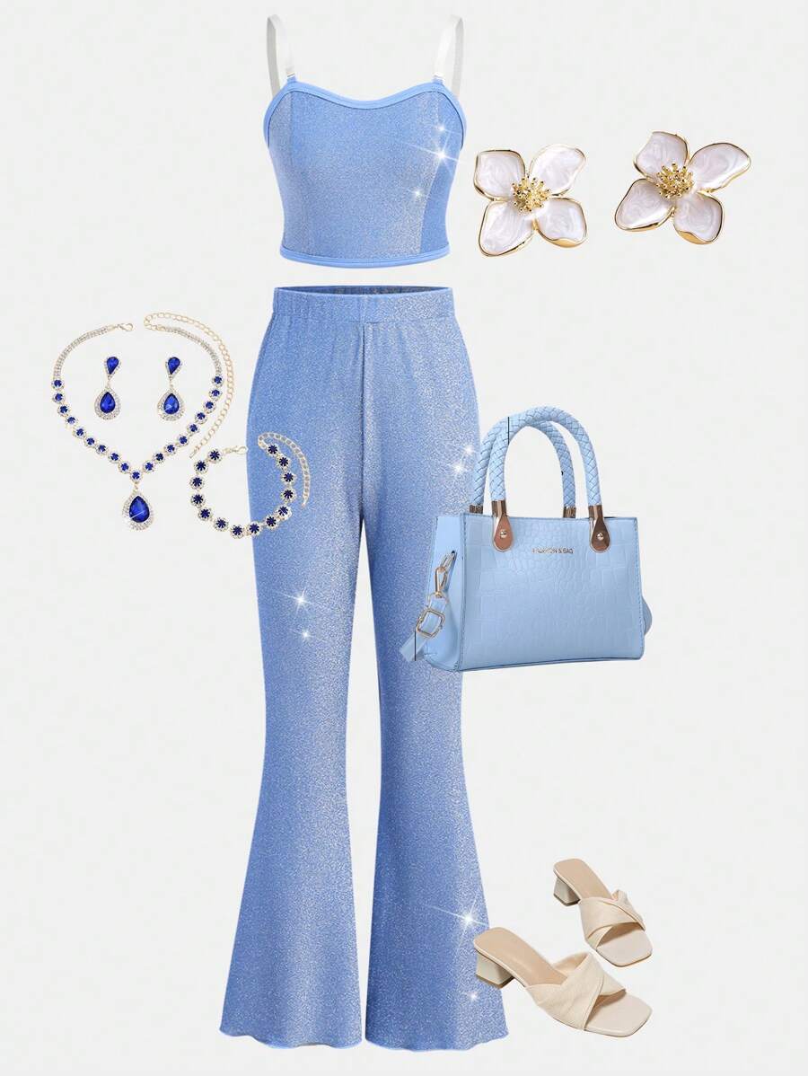 Conjunto de 2 piezas de top de camisola brillante de unicolor y pantalones acampanados para adolescentes - Azul - Ver 1