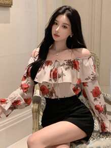 DAZY 1 件女式全身花卉印花露肩荷叶边系带袖口长袖衬衫，夏季长袖上衣，露肩上衣，返校服装