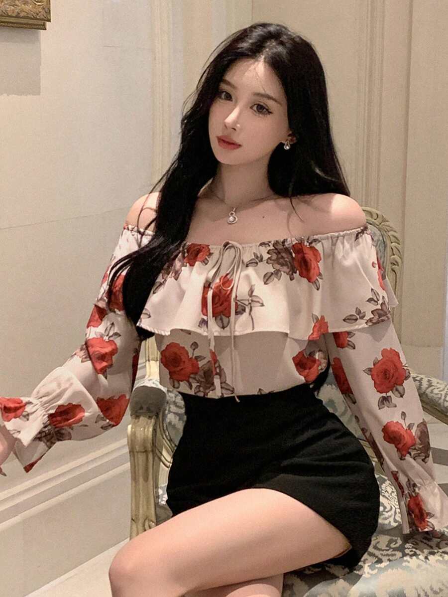 DAZY 1 件女式全身花卉印花露肩荷叶边系带袖口长袖衬衫，夏季长袖上衣，露肩上衣，返校服装