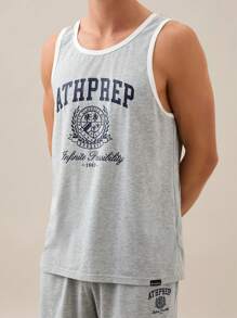 Manfinity NXTstreet Conjunto de camiseta de tirantes suelta con estampado en inglés para hombre, adecuado para el verano ligeramente fresco, vuelta al colegio - Gris - Ver 2