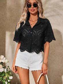 SHEIN Clasi 度假休閒純色空心刺繡貝殼邊襯衫 - 黑色 - 查看 6