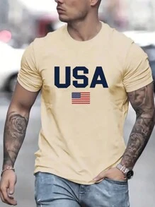 2025 Men's Casual Round Neck Short Sleeve T-Shirt With Letter And American Flag Print, Summer, 4th Of July