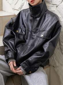 DAZY Flap Pocket Drop Shoulder PU Leather Jacket Winter - Black - View 1