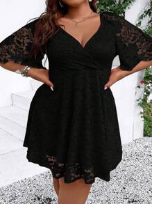 SHEIN CURVE+ Plus Size Mùa hè Đầm ren quấn màu trơn thanh lịch mùa hè - màu đen - Xem 4