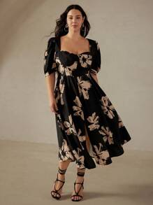 Chiquease Random French Vintage Colliding Color Floral Printed Ruched Bust Cup Square Neck Puff Sleeve Plus Size Dress Vacation Outfits Woman  - Multicolor - View 3