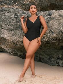 Plus Size Summer Beach Solid V-Neck Backless One-Piece Swimsuit, Full Coverage Swim Wear For Holiday - Black - View 4