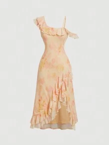 SHEIN MOD Yellow And Pink Tie Dye Floral Mesh One Shoulder Flowy Shorts Women's Dress With Ruffle Trim And Slit,Summer Party - Multicolor - View 1