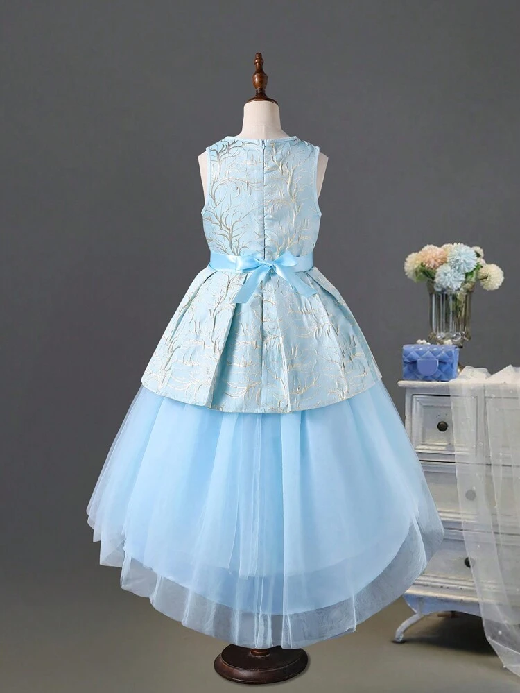 Tween Girl Elegant Sleeveless Blue Formal Dress With Small Round Collar, Suitable For Parties, Weddings Or Performances