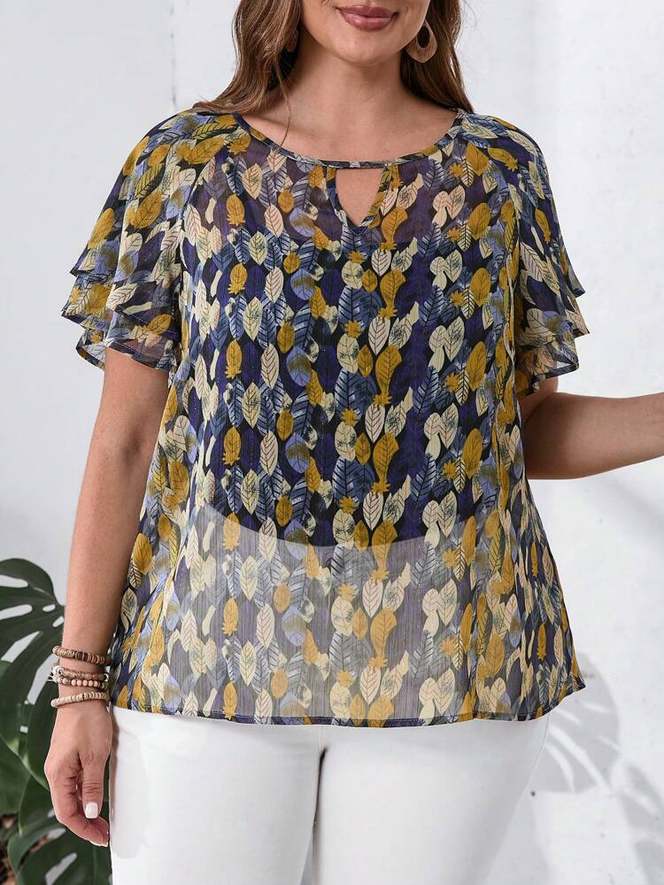 Plus Size Women'S Keyhole Neckline Butterfly Sleeve With All-Over Leaf Print Flower Shirt For Summer