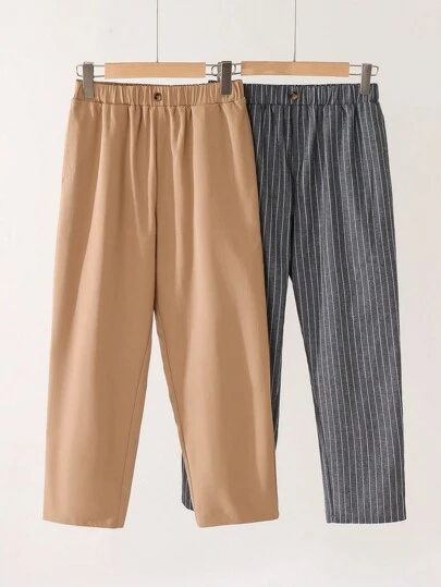 SHEIN Pantalones tejidos casuales de talla extendida para niños preadolescentes con rayas de color en tejido liso, paquete múltiple (2 piezas por color)