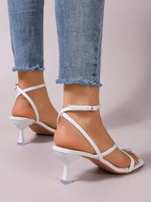Spring/Summer Women's Fashion White Leather Comfy Open Toe Criss-Cross Strap Buckle High Heel Sandals - White - View 2