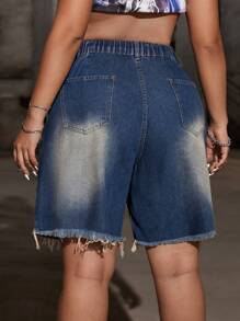 SHEIN ICON Plus Size Women's Denim Shorts, Street Style Sexy Star Print Blue Shorts Cargo Women Low Rise Shorts, For Summer - Dark Wash - View 2