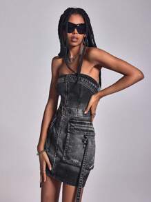 Ladies' Simple Solid-Colored Denim Suspenders Dress For Daily Wear - Grey - View 5