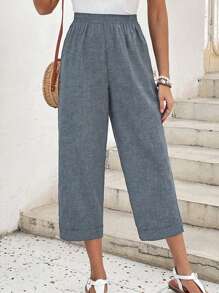 EMERY ROSE 弹性腰部纹理面料七分长裤 - 灰色 - 查看 5