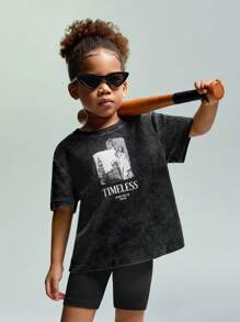 SHEIN 年轻女孩针织纯色印花休闲短袖 T 恤和紧身短裤休闲 2 件套服装 - 彩色 - 查看 5