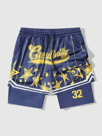 Street Life Men's Slogan Printed Fake Two Breathable Shorts, Suitable For Daily Wear In Spring And Summer