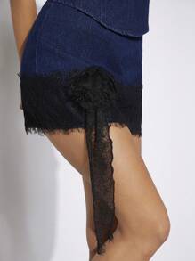 Denimoi Conjunto De Top Sin Tirantes De Encaje De Color Contrastante Y Falda Vaquera Con Diseño En A - Azul lavado oscuro - Ver 5