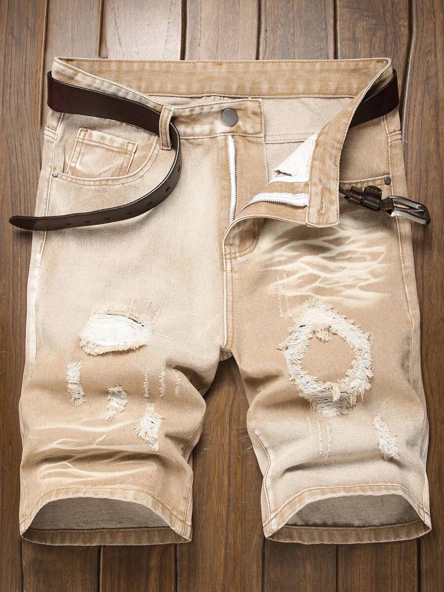 Men's Casual Tie-Dye Ripped Denim Shorts - Khaki - View 1