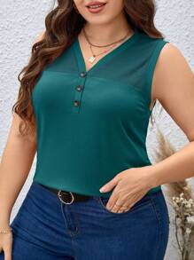 SHEIN LUNE Plus Size Solid Color V-Neck Summer Casual Tank Top - Dark Green - View 4