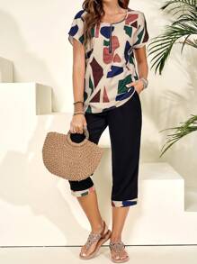 EMERY ROSE 女士圓領拉鍊前短袖上衣和卡布里褲，2入組全印花休閒夏季套裝