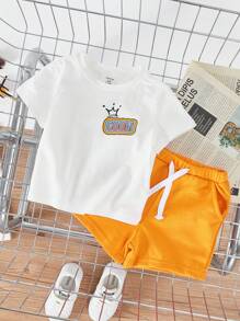 SHEIN 嬰兒男 / 女字母印花圓領直肩套頭T卹和短褲套裝 - 黃色 - 查看 3