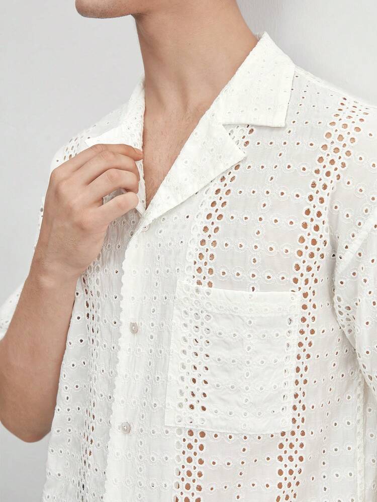 Men's Woven Casual Plain Embroidery Hollow Out Fitted Regular Shoulder Fashion Short Sleeve Shirt For Summer