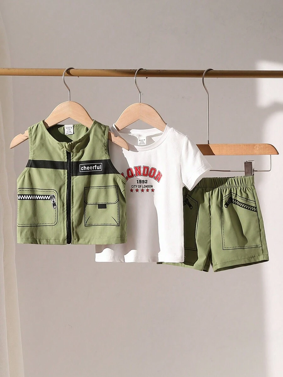 Ensemble de 3 pièces pour bébés garçons, comprenant un t-shirt à manches courtes simple imprimé, un débardeur sans manches et un short