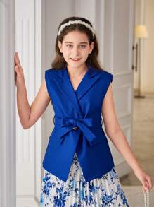 Tween Girl Elegant Spring/Summer Woven Solid Color Top With Ruffle Collar And Pleated Skirt Suit, Commuter Style - Blue - View 5