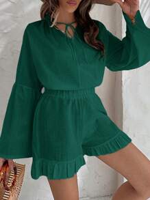 SHEIN Cottnline Women Blouses With Tassels & Shorts With Ruffles - Green - View 5