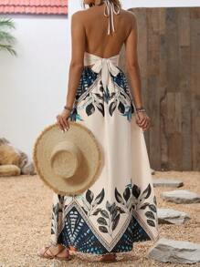 Breezaya Ladies' Sleeveless Backless Print Halterneck Dress For Summer Maxi Vacation Beach Outfits Women